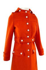 1971 Courreges Numbered Hyperbole Bright Orange Wool Coat w Quilted Interior
