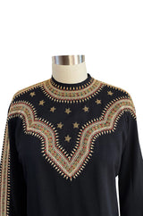 Stunning 1940s Black Silk Crepe Top w Extensive Hand Embroidered Neckline & Sleeves
