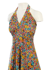 Rare 1970s Annacat Pretty Floral Print Cotton Tie Back Wrap Halter Maxi Dress