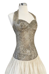 Rare Late 1920s Early 1930s Howard Greer Silver Beaded Halter Dress w Silk Tulle Net Tiered Skirt
