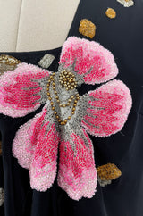 Beautiful Upcycled Vintage Black Silk Chiffon Top w Hand Applied 1920s Flower Detailing