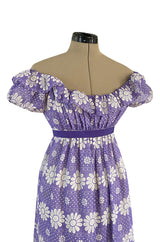 Late 1960s Anne Fogarty Soft Lavender Purple & White Floral Off Shoulder Empire Waist Dress