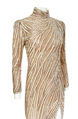 1980s Bob Mackie Ivory Sequin & Nude Stretch Net High Slit Dress