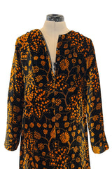 Amazing 1975 Thea Porter Printed Burnt Gold & Black Silk Velvet Caftan Dress