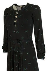 1970s Jean Muir Printed Jersey Dress w Incredible Art Deco Buttons