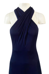 Important 1977 Halston Couture Navy Multi-Way Silk Jersey Plunge Dress w Extra Long Ties