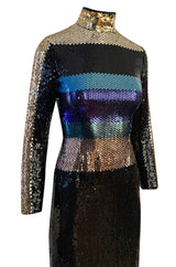 Late 1970s Pierre Cardin Blue Green & Gold Striped Black Sequin Dress w High Collar