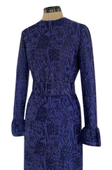 Extraordinary 1971 Givenchy Azure Blue Woven Silk & Metallic Thread Dress w Ruffled Cuffs & Hem