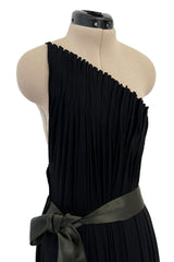 Fabulous Late 1970s James Galanos Intricate Flute Pleated Black Silk Jersey One Shoulder Dress
