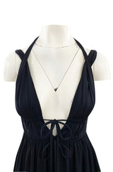 1970s Frank Usher Black Jersey Maxi Dress w Deep Front Plunge & No Back