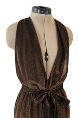 1970s Unlabeled Metallic Copper Lame Lurex Backless Jumpsuit w Halter Front