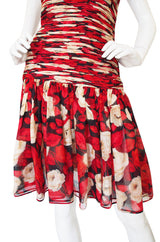 1980s Gathered Silk Chiffon Red Print Dress