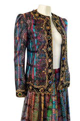 1981 Oscar De La Renta Documented Jewelled Metallic Printed Silk Jacket & Skirt Set