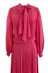 1970s Louis Feraud Haute Couture Hand Pleated Pink Silk Chiffon Day Dress w Bow