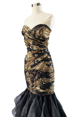 Fall 1988 Emanual Ungaro Strapelss Gold Metallic Black & Gold Ruffled Hem Dress