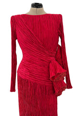 Runway Fall 1988 Mary McFadden Couture Red Pleated Dress w Gold Edged Ruffle Detailing