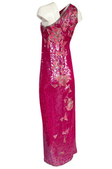 1970s Lillie Rubin Pink Densely Sequin & Bead Graphic Pattern One Shoulder Dress