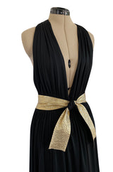 Documented 1981 Bill Tice Plunge Front Black & Gold Backless Nylon Jersey Halter Dress