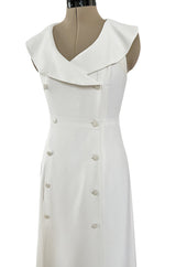 Chic Cruise 1997 Chanel by Karl Lagerfeld White Dress w Large Collar & Logo Buttons