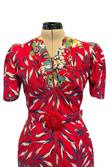 Gorgeous 1940s Unlabeled Cotton Pique Red & Bright Floral Print Dress w Original Belt