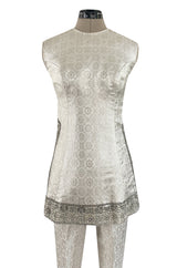1960s Malcolm Starr Silver Silk Brocade Pant & Tunic Set w Extensive Beaded Detailing