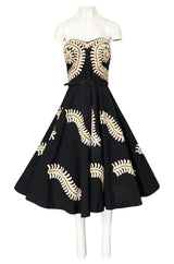 1950s Heavy Cotton / Canvas Strapless Dress w Hand Applied Cord Applique