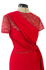 Stunning 2010s Valentino Supermodel Long Red Silk Crepe Dress w Illusion Lace Bodice
