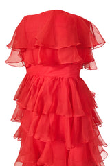 c.1977 Valentino Strapless Silk Chiffon Red Ruffle Full Length Dress