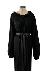 Gorgeous 1970s Givenchy Black Silk Crepe Jersey Dress w Gathered Neckline & Pouf Sleeves