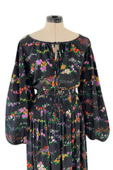 Gorgeous 1970s Yves Saint Laurent Floral Print Silk Skirt & Balloon Sleeve Top Set