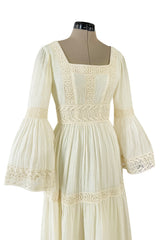 Romantic 1970s Victor Costa Mexican Wedding Dress Feel Ivory Cotton Gauze & Lace Dress