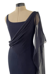 Fabulous 2002 Chanel Cruise Collection Stretch Jersey & Draped Silk Chiffon Midnight Blue Dress