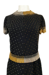 1971-73 Donald Brooks Brass and Silver Stud & Bead Black Crepe Dress