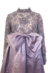 1960s George Halley Couture Lavender Silk Satin Dress w Heavily Detailed Crystal & Rhinestone Bodice