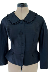 Gorgeous 1950s Unlabeled Black Silk Jacket w Silk Ball Fringe Detailing