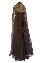 1960s Alfred Bosand Sequin Bodice Dotted Deep Brown Silk Net Dress W Matching Cape Overlay