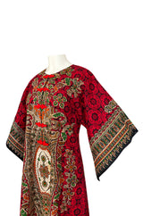 1960s Unlabeled Red Thai Print Cotton Caftan Dress w Frog Knot Detail