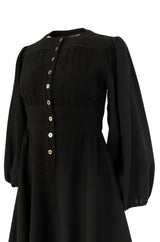 1972 Jean Muir Pin Tuck Detailed Huge Sleeve Black Crepe Dress