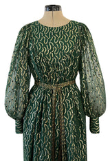 Extraordinary 1970s Christian Dior by Marc Bohan Gold Metallic Green Silk Chiffon Dress w Rope Belt
