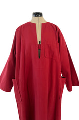 Late 1970s- Early 1980s Lanvin Rust Coloured Cotton Caftan Dress w Plunge Front & Side Pockets