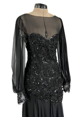 Gorgeous 1980s Loris Azzaro Black Silk Chiffon & Sequin Ribbon Detail Dress