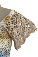 1960s Handmade Crocheted Crop Top w Blue & Gold Metallic Accents
