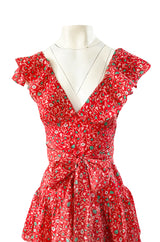 Prettiest 1970s Oscar de la Renta Tiered & Ruffled Tiny Floral Red Dress
