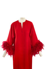 1960s Odette Barsa Loose & Easy Fitting Red Caftan w Wide Red Feather Cuffs