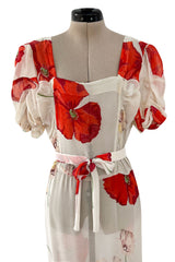 Incredible Numbered 1930s Huge Coral Flower Print Bias Cut Silk Chiffon Ivory Dress