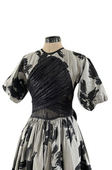 Documented Fall 1984 Geoffrey Beene Couture Silver Grey & Black Silk Dress w Metallic Chiffon Ties