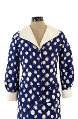 Spring 1977 Chanel Haute Couture Blue & White Silk Suit w Removable Collar