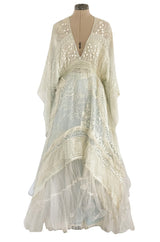 Important 1972 Zandra Rhodes Hand Painted 'Butterfly' Kimono Sleeve Dress w Lily Print & Original Petticoat