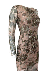 1980s Oscar de la Renta Sequin Detailed Trained Floral Silk Chiffon Dress