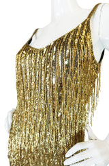 1980s Oleg Cassini Gold Beaded Spangle Fringe Dress